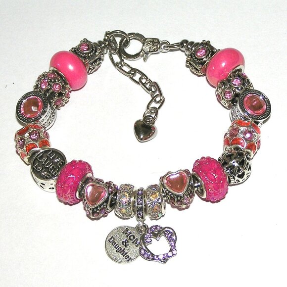Mom & Daughter European Bracelet, Pink With Sparkling Crystals, Hearts NEW - Picture 3 of 4